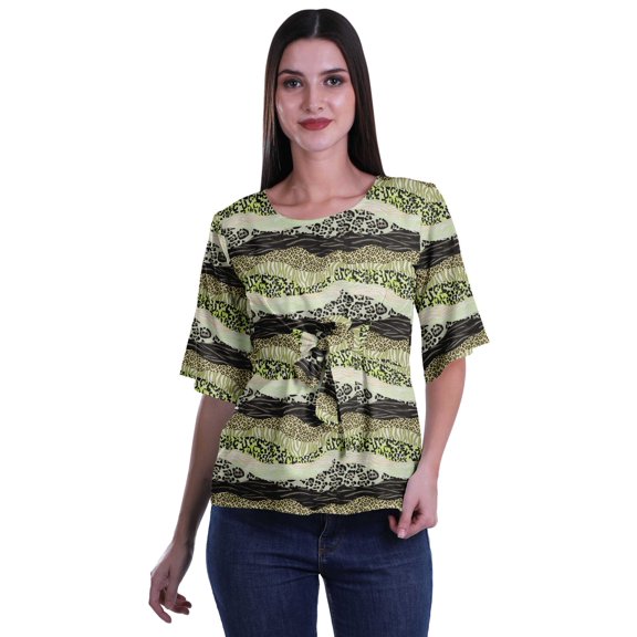 Moomaya Printed Round Neck Top For Women Elbow Sleeve Blouse Tunic Formal Wear