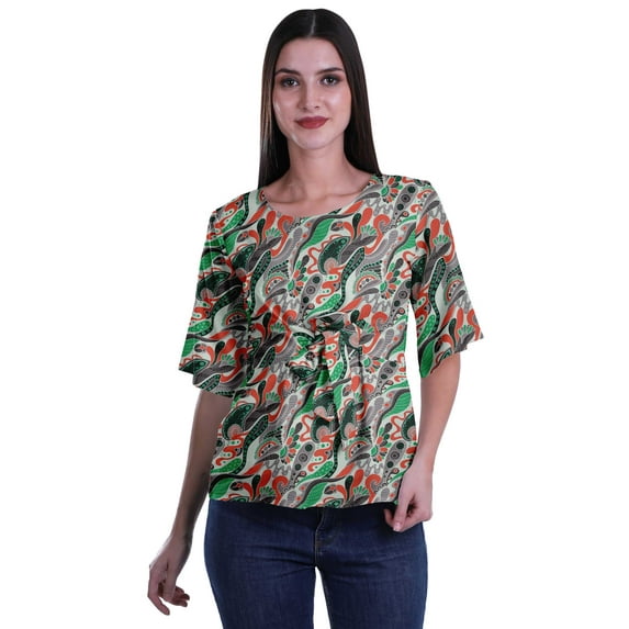 Moomaya Printed Round Neck Top For Women Elbow Sleeve Blouse Tunic Formal Wear