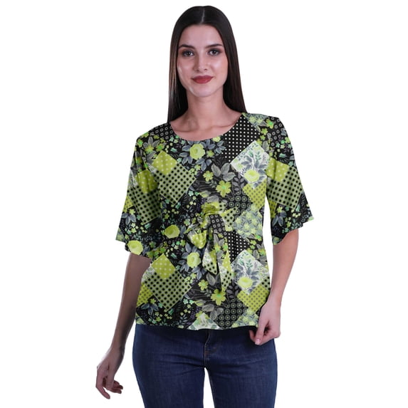 Moomaya Printed Round Neck Top For Women Elbow Sleeve Blouse Tunic Formal Wear