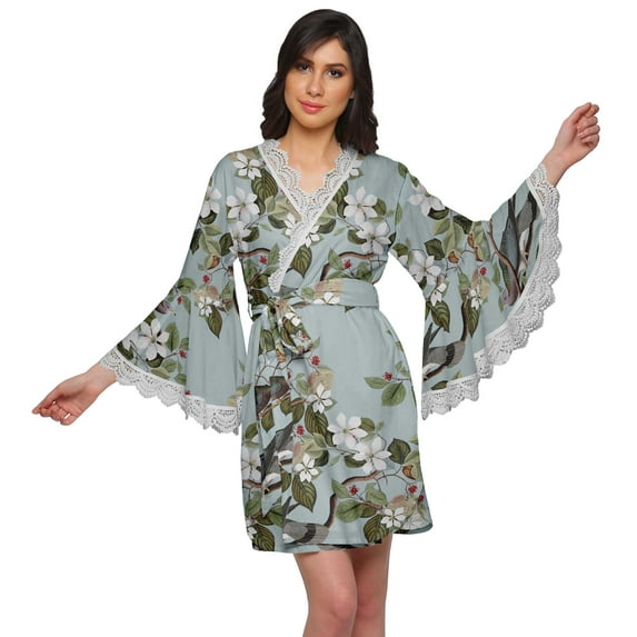 Moomaya Printed Short Bride Getting Ready Dress Bell Sleeves Bathrobe Women Wrap