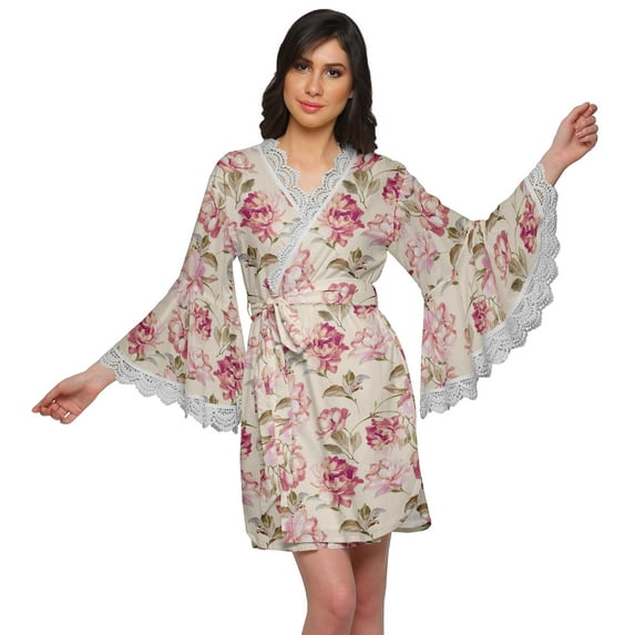 Moomaya Printed Short Bride Getting Ready Dress Bell Sleeves Bathrobe Women Wrap