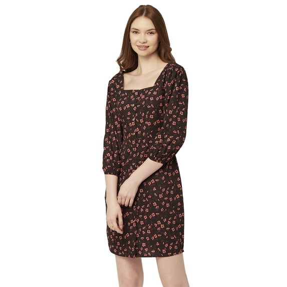 Moomaya Printed Short Dresses For Women, Button-Up Square Neck 3/4Th Sleeve Dress