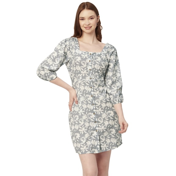 Moomaya Printed Short Dresses For Women, Button-Up Square Neck 3/4Th Sleeve Dress