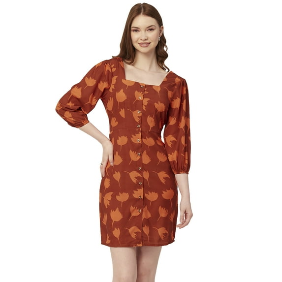 Moomaya Printed Short Dresses For Women, Button-Up Square Neck 3/4Th Sleeve Dress