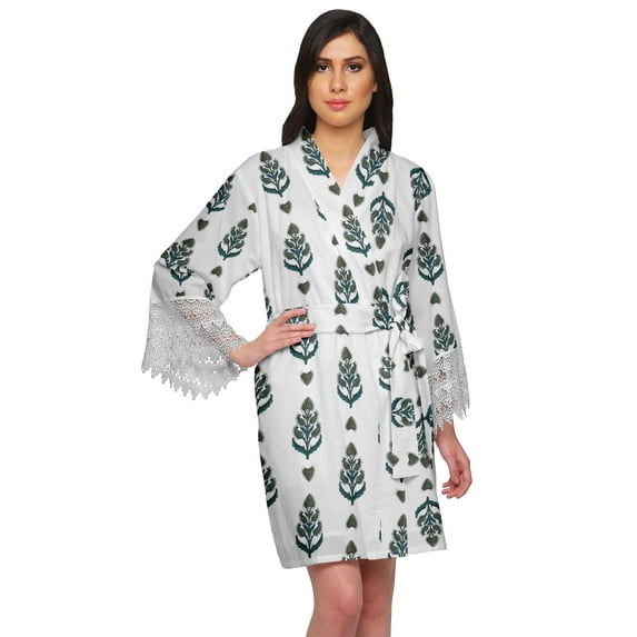 Moomaya Printed Short Robes For Women Cotton Robes For Women With Lace Trim