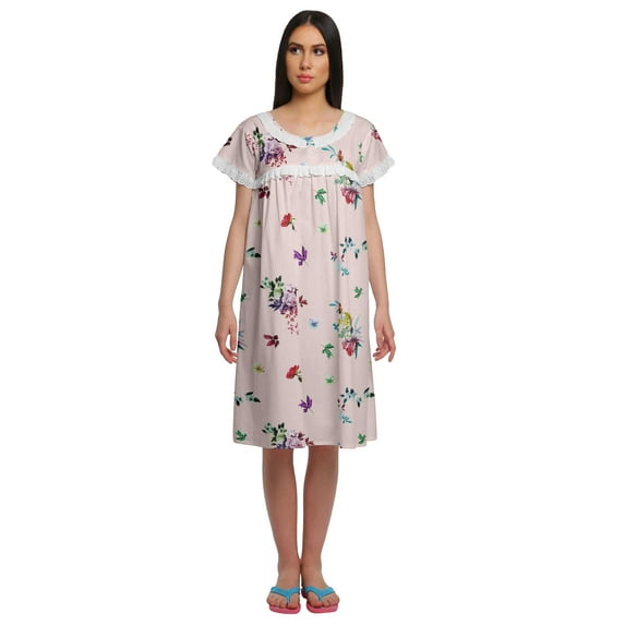 Moomaya Printed Short Sleeve Knee Length Nightdress Round Neck Sleepwear Gown