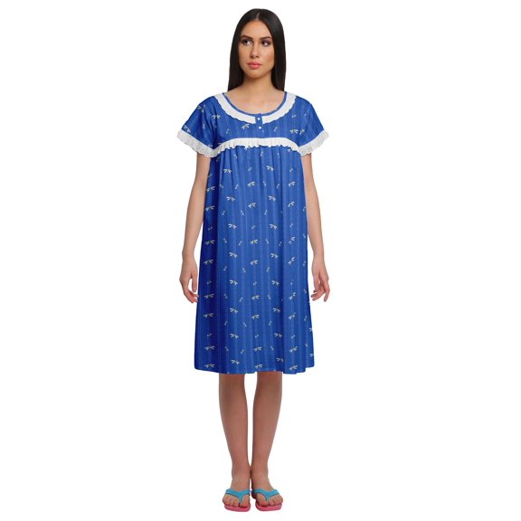 Moomaya Printed Short Sleeve Knee Length Nightdress Round Neck Sleepwear Gown