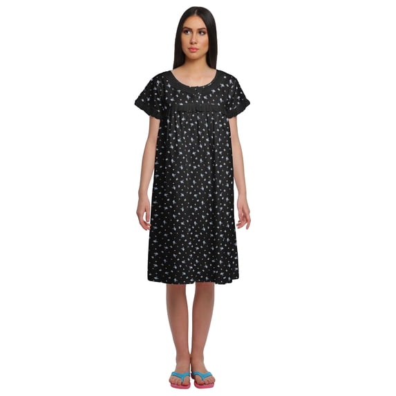 Moomaya Printed Short Sleeve Knee Length Nightdress Round Neck Sleepwear Gown