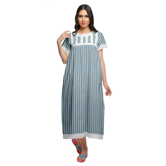 Moomaya Printed Short Sleeve Maxi Nightdress Button Down Cotton Sleepwear Gown