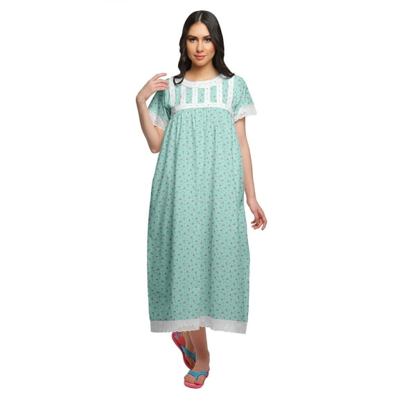 Moomaya Printed Short Sleeve Maxi Nightdress Button Down Cotton Sleepwear Gown