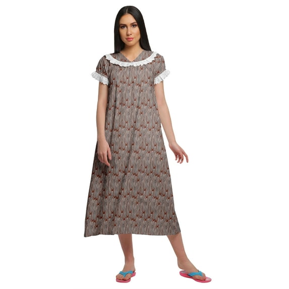 Moomaya Printed Short Sleeve Nightdress For Women Cotton Sleepwear Gown