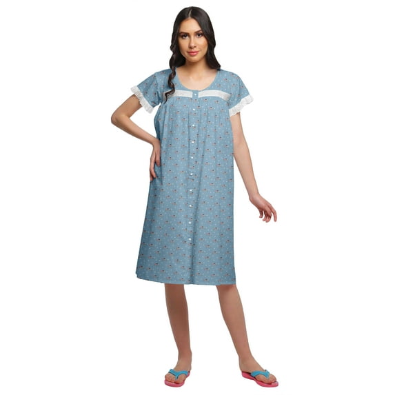 Moomaya Printed Short Sleeve Nursing Cotton Poplin Womens Sleepwear Night Gown