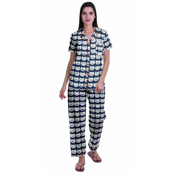 Moomaya Printed Short Sleeve Pajama Set For Women Printed Button Up Sleep Shirt