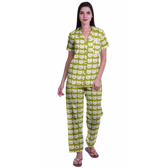 Moomaya Printed Short Sleeve Pajama Set For Women Printed Button Up Sleep Shirt