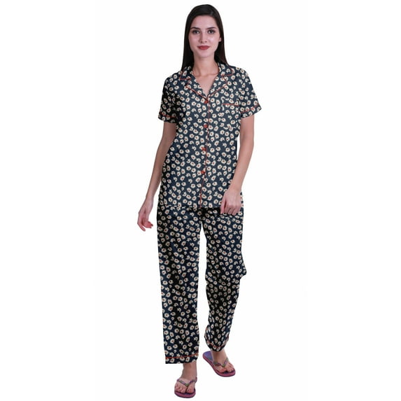 Moomaya Printed Short Sleeve Pajama Set For Women Printed Button Up Sleep Shirt