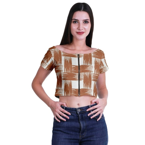 Moomaya Printed Short Sleeve Zipper Top Boat Neck Womens Sexy Summer Crop Tops