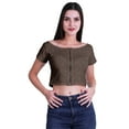 thumbnail image 1 of Moomaya Printed Short Sleeve Zipper Top Boat Neck Womens Sexy Summer Crop Tops, 1 of 5