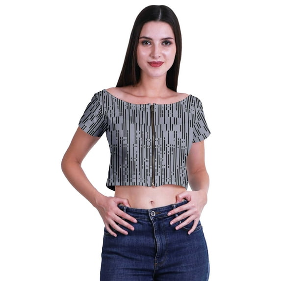 Moomaya Printed Short Sleeve Zipper Top Boat Neck Womens Sexy Summer Crop Tops