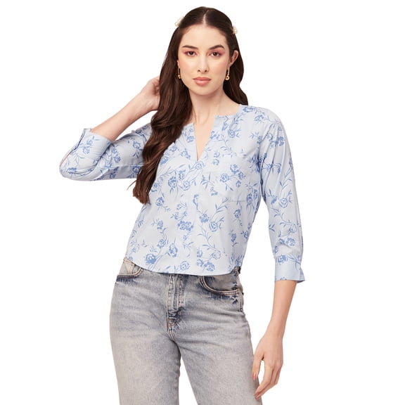 Moomaya Printed Short Top For Women V Neck Full Sleeve Regular Tunic Top