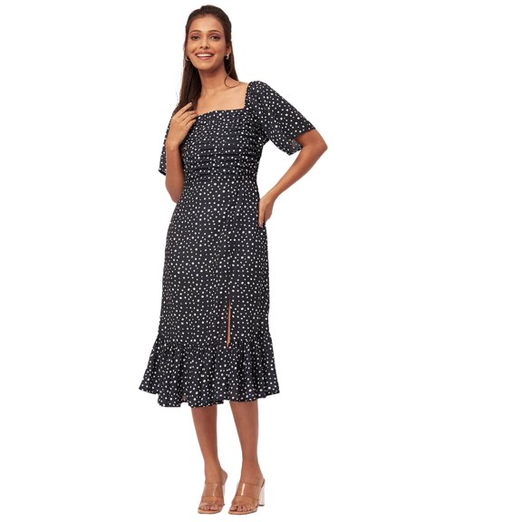 Moomaya Printed Side Slit Ruffle Dress, Short Sleeve Square Neck Chic Dress