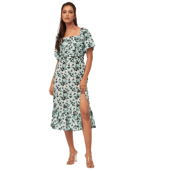 Moomaya Printed Side Slit Ruffle Dress, Short Sleeve Square Neck Chic Dress