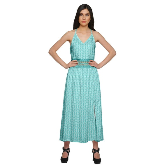 Moomaya Printed Sleeveless Adjustable Spaghetti Strap Long Dress For Women