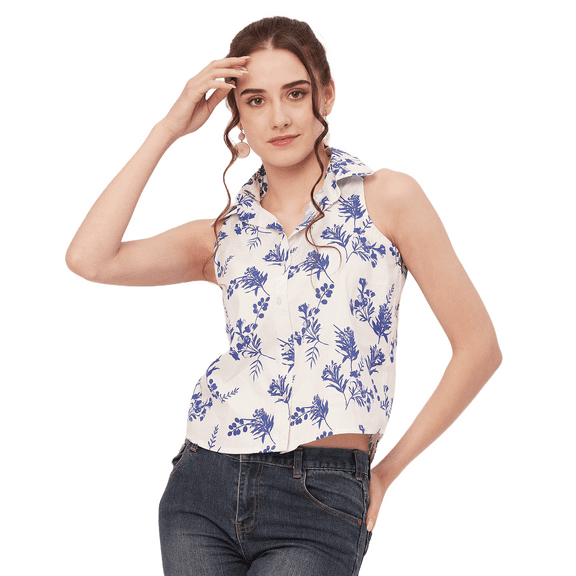 Moomaya Printed Sleeveless Casual Shirt, Womens Cotton Button Down Summer Tops