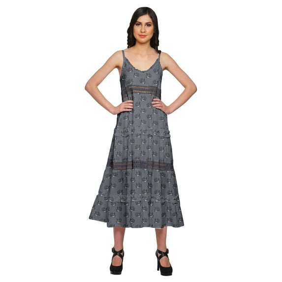 Moomaya Printed Sleeveless Long Maxi Dress Spaghetti Straps With Lace Trim