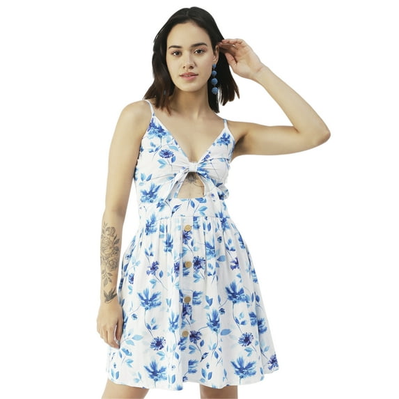Moomaya Printed Spaghetti Strap Dress, Tie-Knot Knee Length, Flared Dress