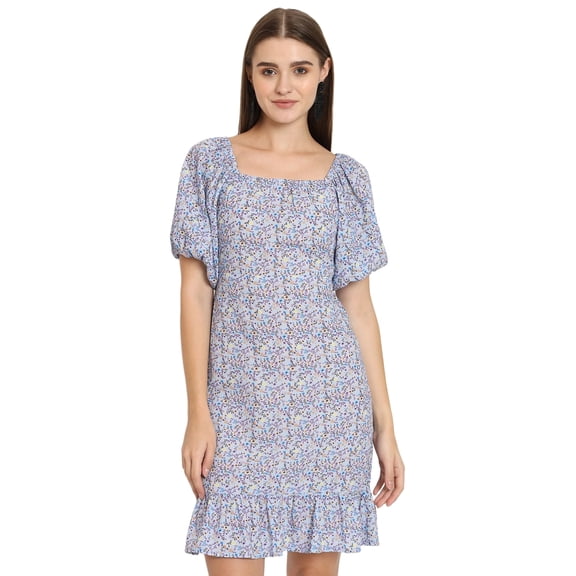 Moomaya Printed Square Neck Sheath Dress, Puff Sleeve Short Ruffle Hem Dress