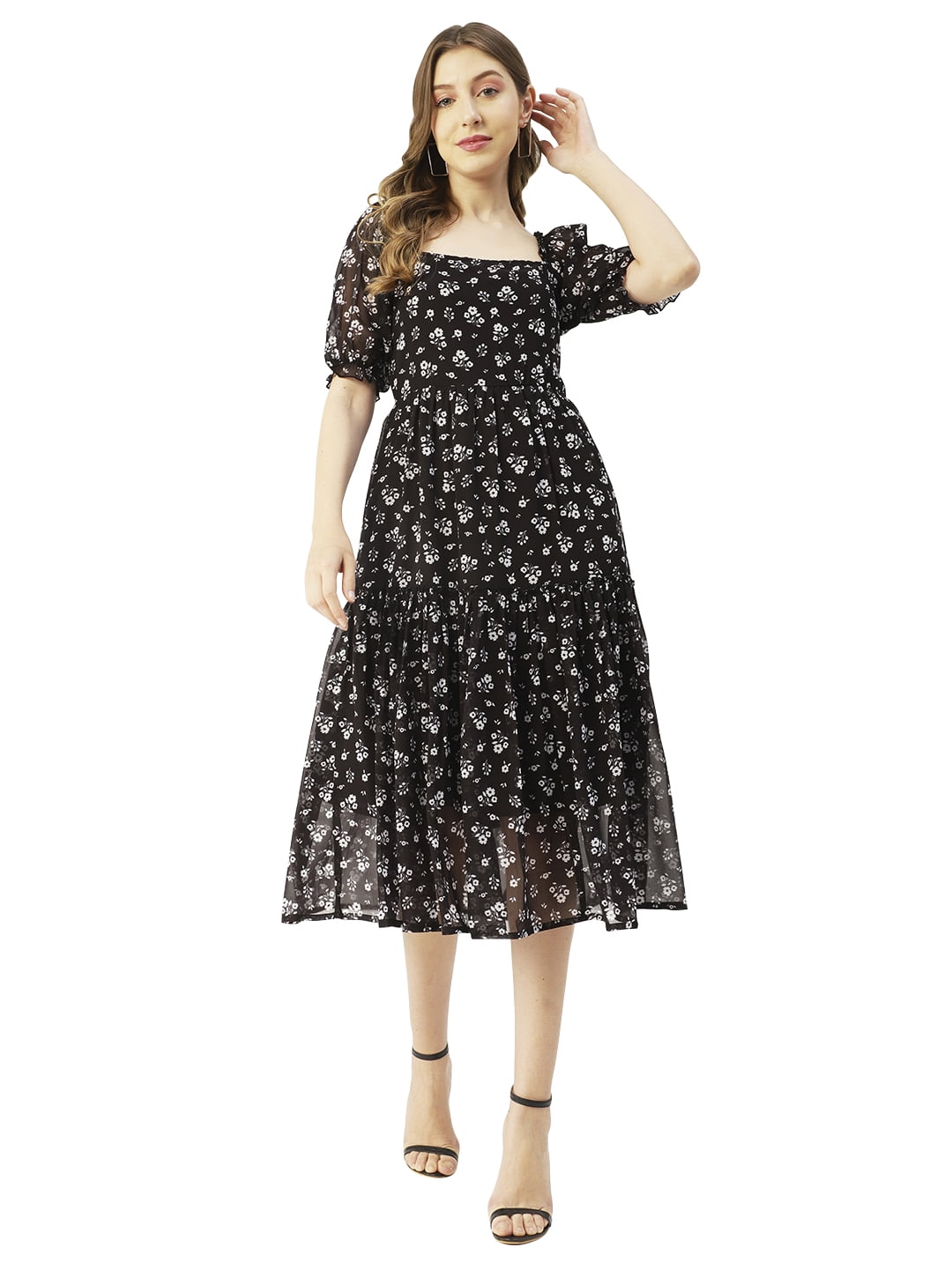 Moomaya Printed Square Neck Smocked Midi Dress, Poly Georgette Dresses For  Women - Walmart.com