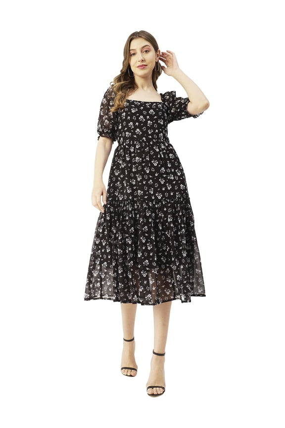 Printed Square Neck Smocked Midi Dress, Poly Georgette Dresses For Women