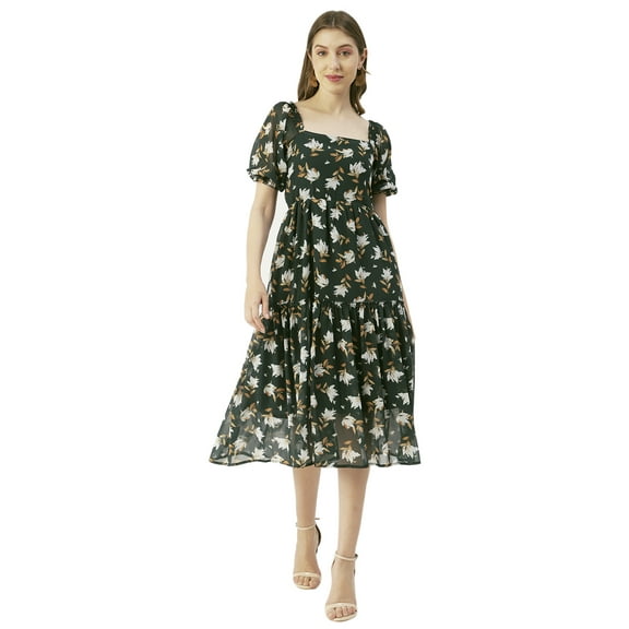 Moomaya Printed Square Neck Smocked Midi Dress, Poly Georgette Dresses For Women