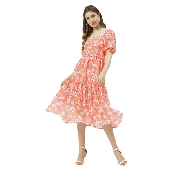 Moomaya Printed Square Neck Smocked Midi Dress, Poly Georgette Dresses For Women