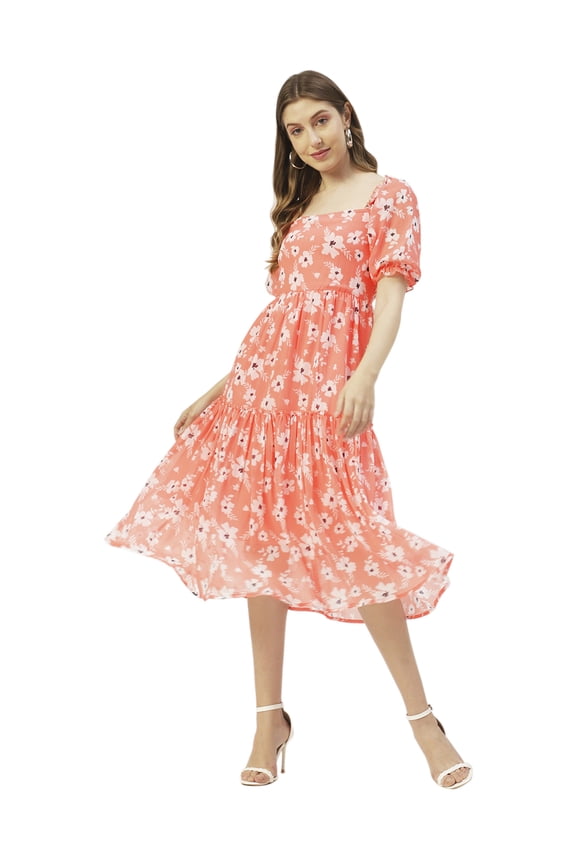 Printed Square Neck Smocked Midi Dress, Poly Georgette Dresses For Women