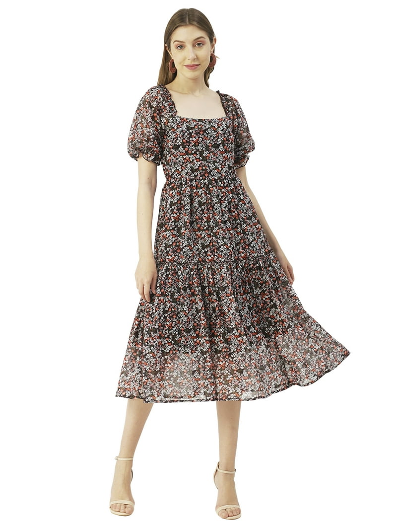 Moomaya-Floral-Square-Neck-Blended-Fabric-Women-Dress