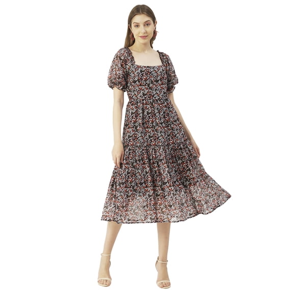 Moomaya Printed Square Neck Smocked Midi Dress, Poly Georgette Dresses For Women
