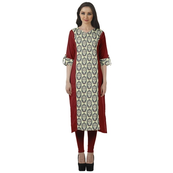 Moomaya Printed Straight Kurtis For Women V Neck Roll Up Sleeves Kurta Tunic