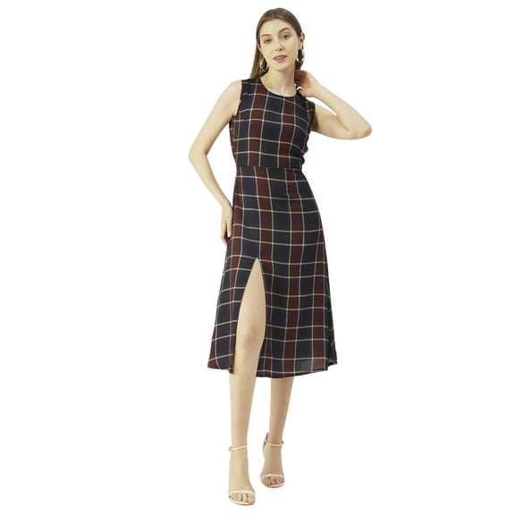 Moomaya Printed Stylish Back Dress, Front Slit Calf Length Dresses For Women