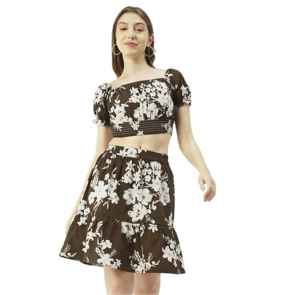 Moomaya Printed Summer 2 Pcs Set For Women, Off-Shoulder Crop Top - Mini Skirt Coord Set