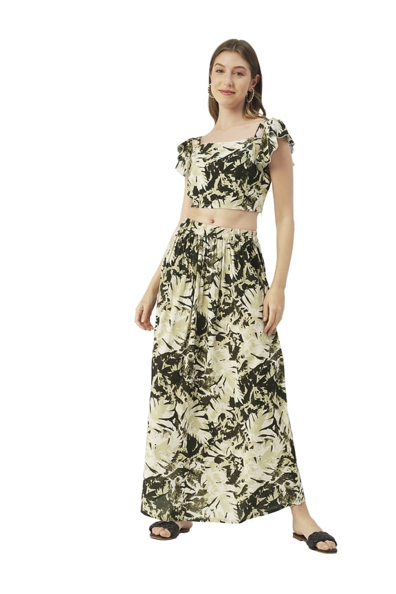 Printed Summer Coord Set For Womens, Viscose Rayon 2 Pcs Set Crop Top and Skirt Set