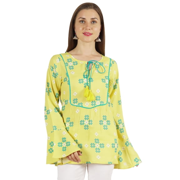 Moomaya Printed Summer Top For Women Long Bell Sleeve Casual Ethnic Tunic