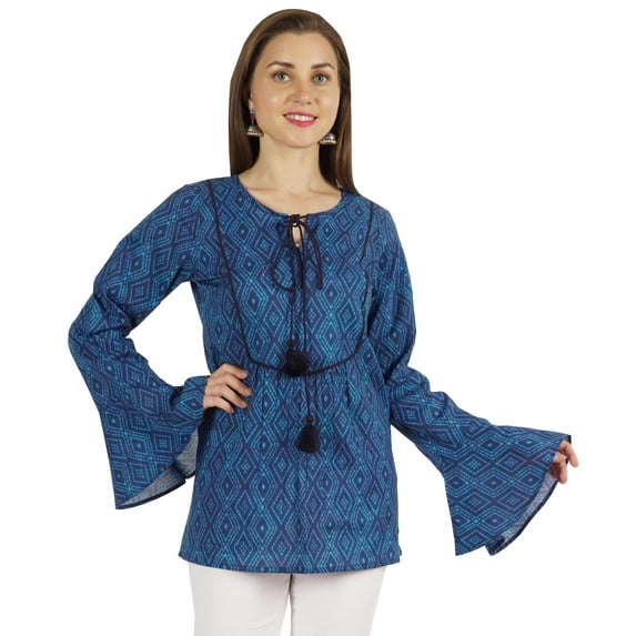 Moomaya Printed Summer Top For Women Long Bell Sleeve Casual Ethnic Tunic
