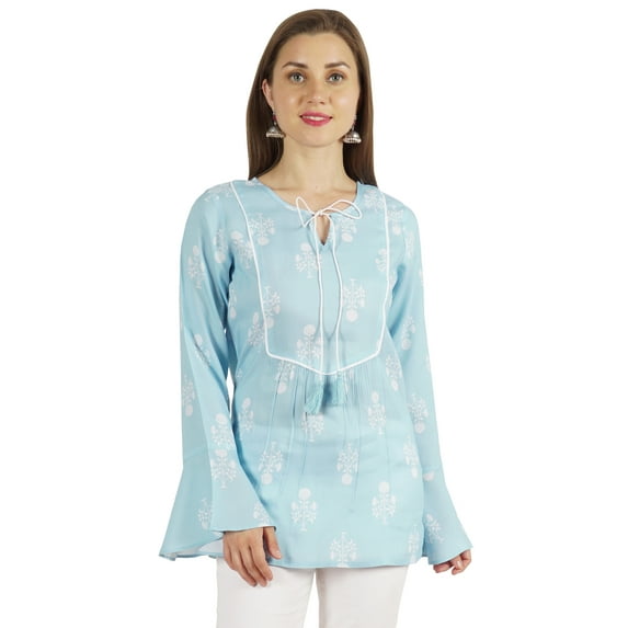 Moomaya Printed Summer Top For Women Long Bell Sleeve Casual Ethnic Tunic