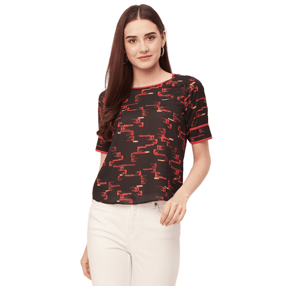 Moomaya Printed T-Shirt Tops For Women, Round Neck Georgette Formal Tops