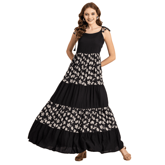 Moomaya Printed Tiered Dress For Women, Strap Shoulder Maxi, Vacation Dress