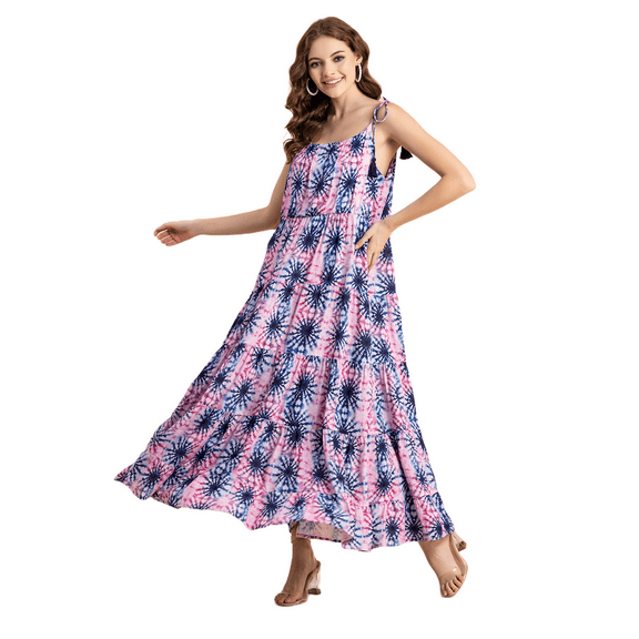 Moomaya Printed Tiered Dress For Women, Tie Dye Spaghetti Strap Shoulder Dresses