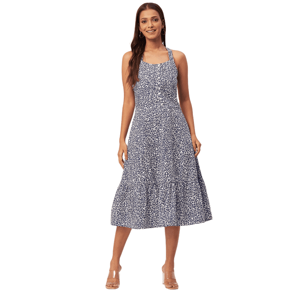 Moomaya Printed Tiered Dress With Criss-Cross Back, Resort Wear Short Dress For Women