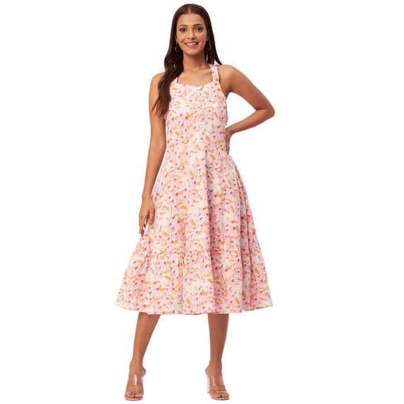 Moomaya Printed Tiered Dress With Criss-Cross Back, Resort Wear Short Dress For Women