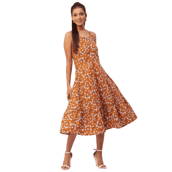 Moomaya Printed Tiered Dress With Criss-Cross Back, Resort Wear Short Dress For Women